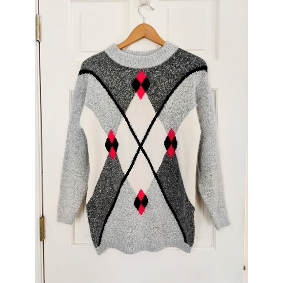 De Rotchild Sweaters - Vintage De Rotchild Silk Angora Lambswool Argyle Sweater Medium Grey Red Cozy